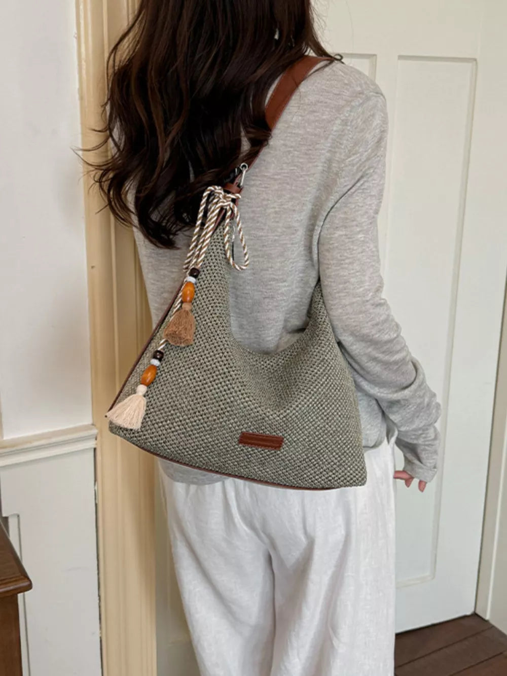 Tassel Woven Shoulder Bag in Sky Blue, fabric detail