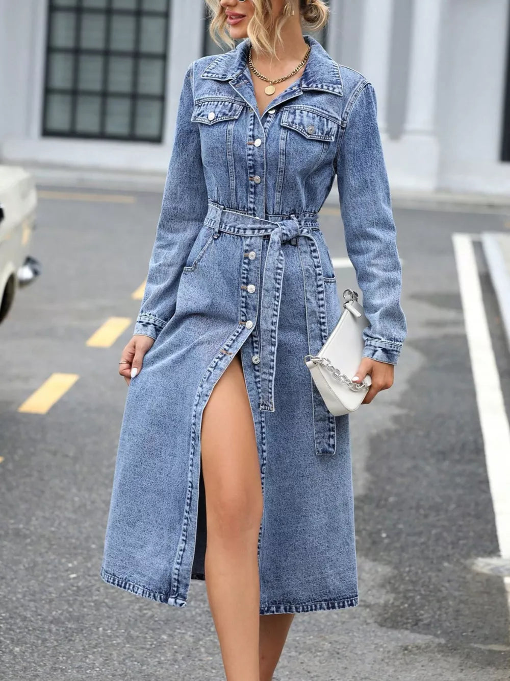 Belted Long Sleeve Denim Dress, editorial view