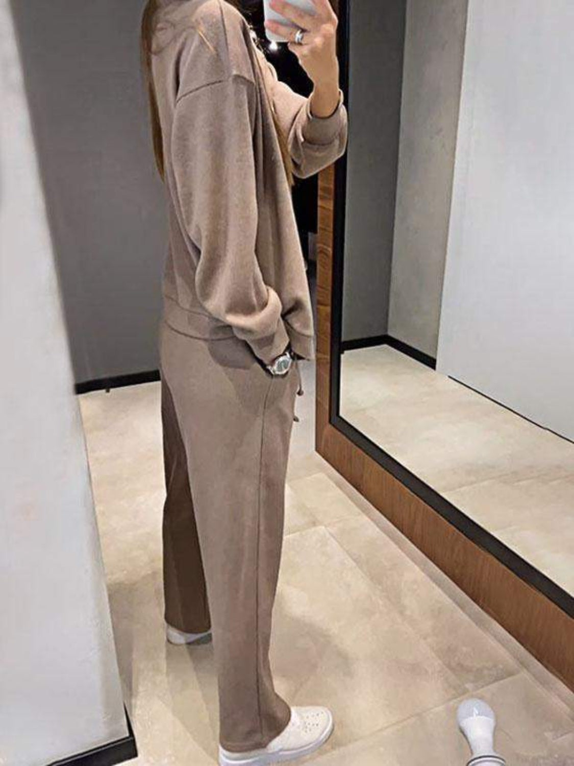 Taupe button-front loungewear set with drawstring pants and long sleeves.