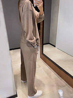 Taupe button-front loungewear set with drawstring pants and long sleeves.