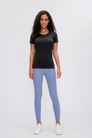 Sculpted Active Seamless Tee in dark gray with subtle textured details, short sleeves, and a crew neck.