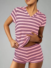 Pink striped knit two-piece set with v-neck top and shorts