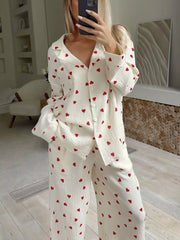 Heart Print Long Sleeve Top And Pants Lounge Set in Apricot, model styling view