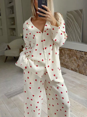 Heart Print Long Sleeve Top And Pants Lounge Set in Apricot, model styling view