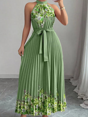Halter Neck Floral Print Pleated Maxi Dress, alternate angle