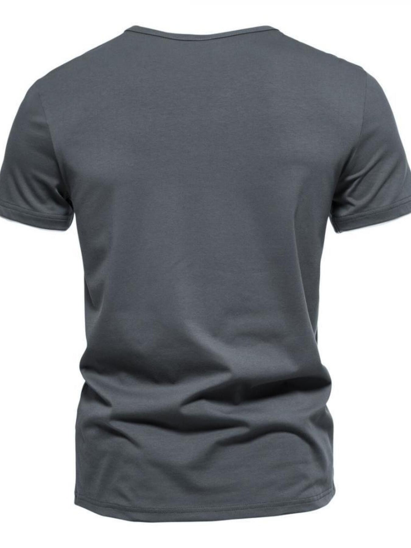 Men's dark gray cotton slim fit tee with short sleeves and notched V-neck.