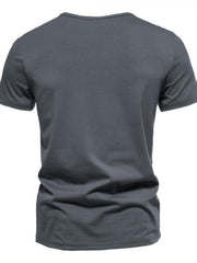 Men's dark gray cotton slim fit tee with short sleeves and notched V-neck.