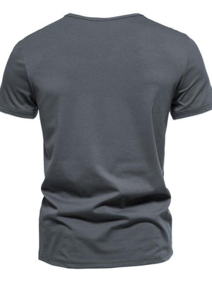 Men's dark gray cotton slim fit tee with short sleeves and notched V-neck.