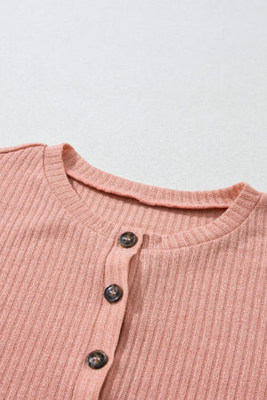 Dusty pink ribbed knit henley top with button detail