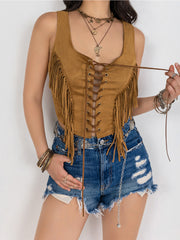 Tan suede fringe corset vest with lace-up front and boho styling.