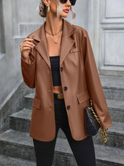 Brown faux leather tailored blazer with button closure and flap pockets.