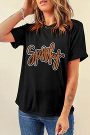 Black cotton t-shirt with sequin "Spooky" script graphic and crew neck.