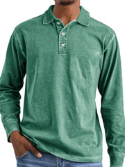 Green vintage wash long-sleeve polo shirt with button placket and spread collar.