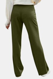 Army green wide leg trousers with button detail, shown from the back.