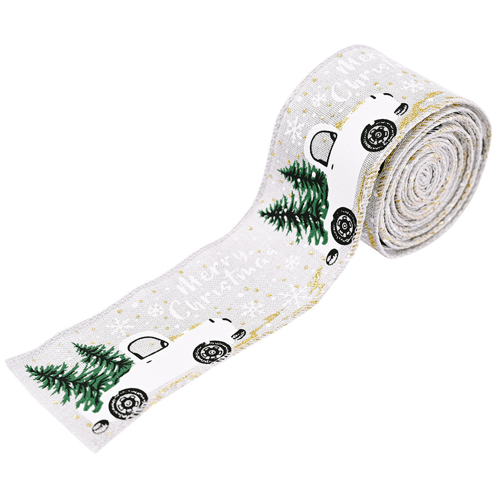 Light Gray ribbon with festive truck and Christmas tree print, gold accents, and "Merry Christmas" text.