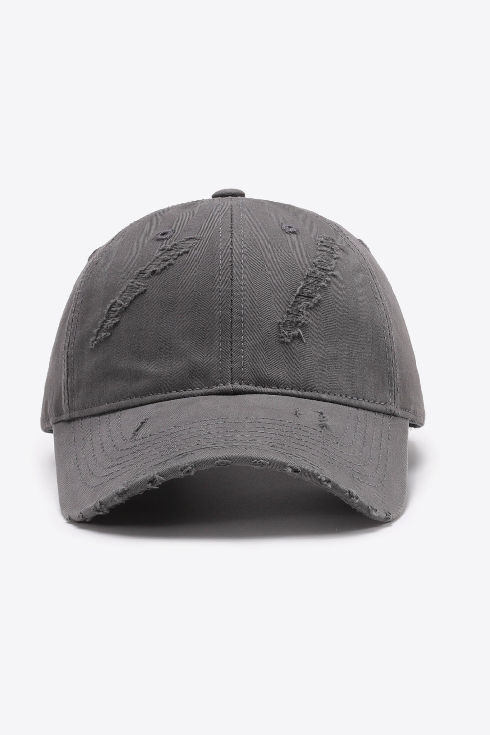 Mid Gray distressed baseball cap with frayed details and adjustable fit