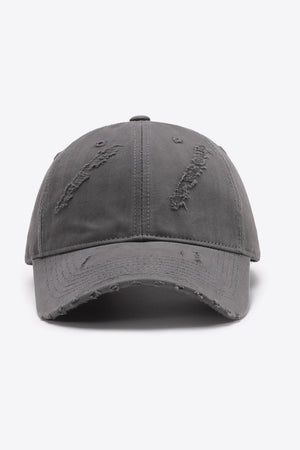 Mid Gray distressed baseball cap with frayed details and adjustable fit