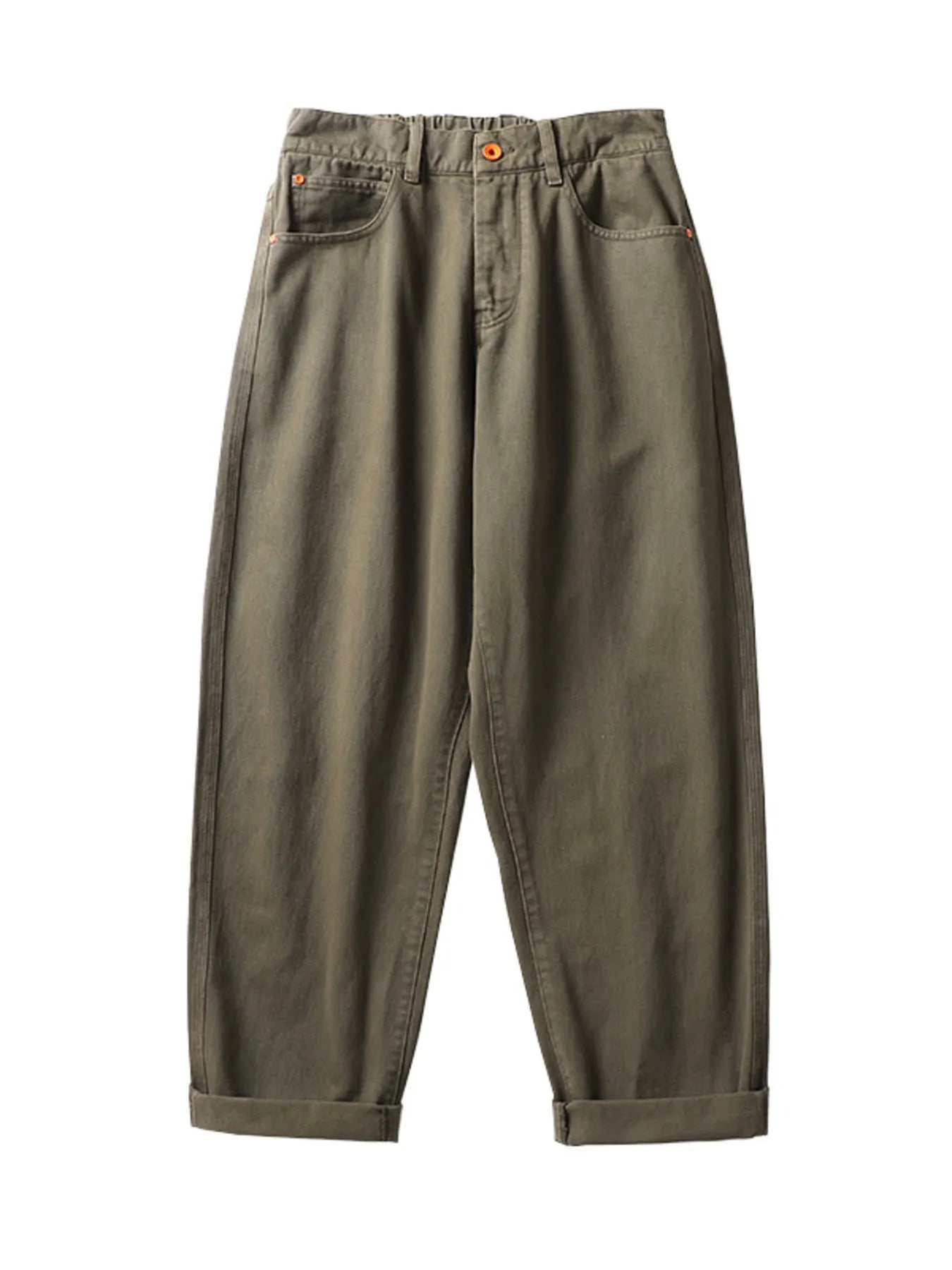 Plus-size army green cotton wide-leg trousers with cuffed hems and elastic waistband.