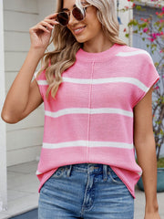 Pink and white striped knit tee with short sleeves and a vertical seam detail.