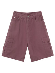 Mauve baggy cargo bermuda shorts with buttoned front and side pockets.