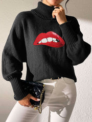 Black turtleneck sweater with sequin red lips detail and balloon sleeves.