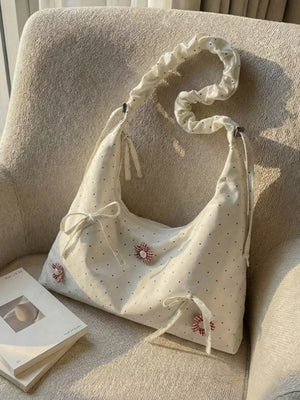 Floral Embellished Shoulder Bag in Cream, fabric detail