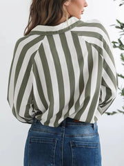 Maternity shirt with green and white stripes, button-front, collared, and chest pocket.