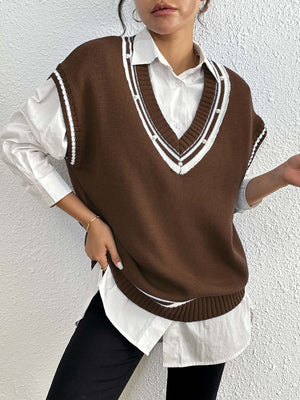 Brown acrylic knit vest with varsity stripes and pearl trim neckline.
