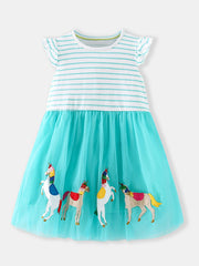 Toddler girls' turquoise tulle dress with embroidered unicorns and striped cotton top.