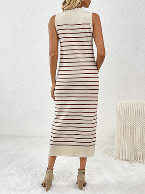 Striped ribbed sleeveless midi dress in cream with maroon stripes, featuring a mock neck.
