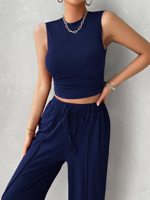 Dark blue ribbed sleeveless crop top and drawstring wide-leg lounge pants set