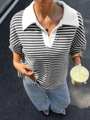 Striped Knit 3/4 Sleeve Polo Top in Brown, fabric detail