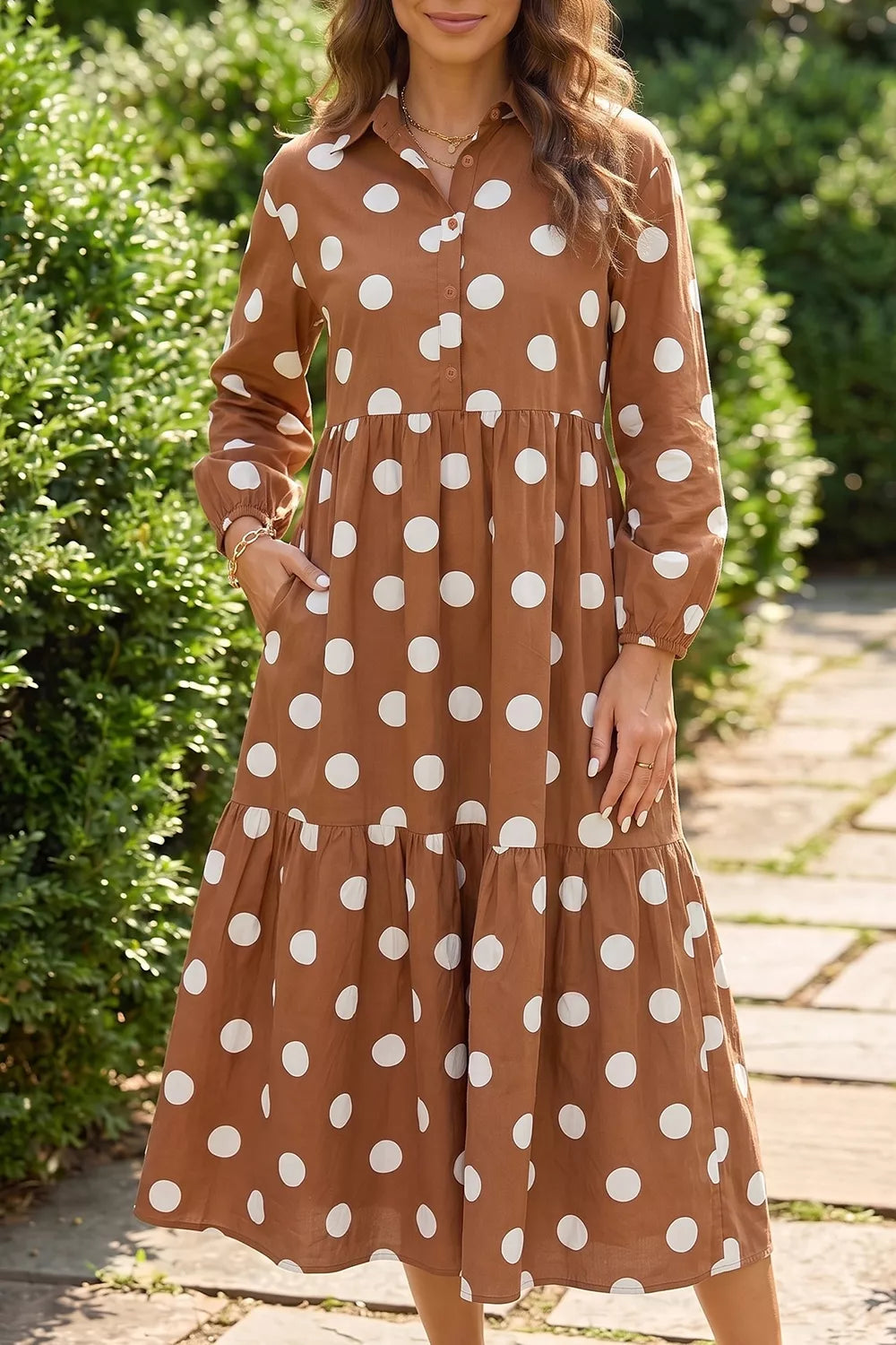 Polka Dot Button Front Long Sleeve Shift Dress in Camel, front view