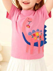 Pink cotton t-shirt for kids with a dinosaur embroidered with flowers.