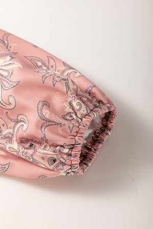 Paisley puff sleeve raglan tee in dusty pink with gathered elastic cuff detail