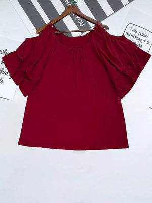 Burgundy t-shirt with gathered neckline and ruffled cold shoulder sleeves.