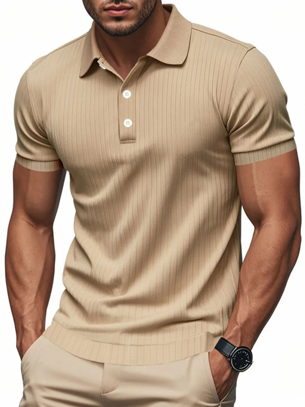 Khaki ribbed polo shirt with two-button placket and short sleeves.