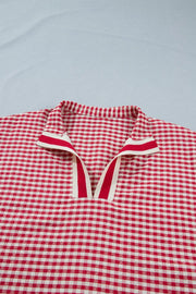 Red gingham checkered maternity overshirt with striped collar detail