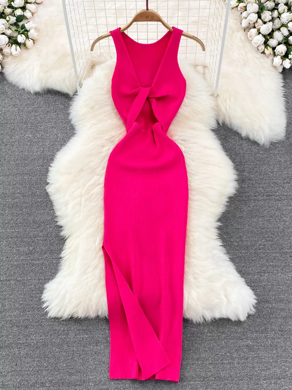 Rose Red ribbed knit midi dress with knot-back cutout detail and side slit