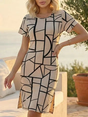 Full Size Geometric Print Midi Dress With Side Slit in Beige, model styling view