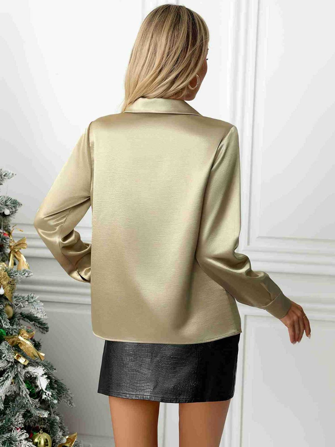 Gold satin button-down blouse with long sleeves and a classic collar.