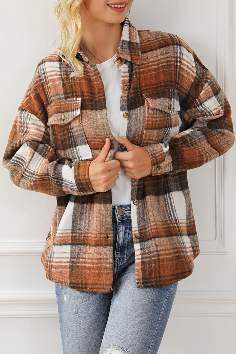 Plaid Button Up Shacket in Caramel, alternate angle
