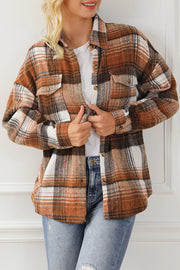 Plaid Button Up Shacket in Caramel, alternate angle