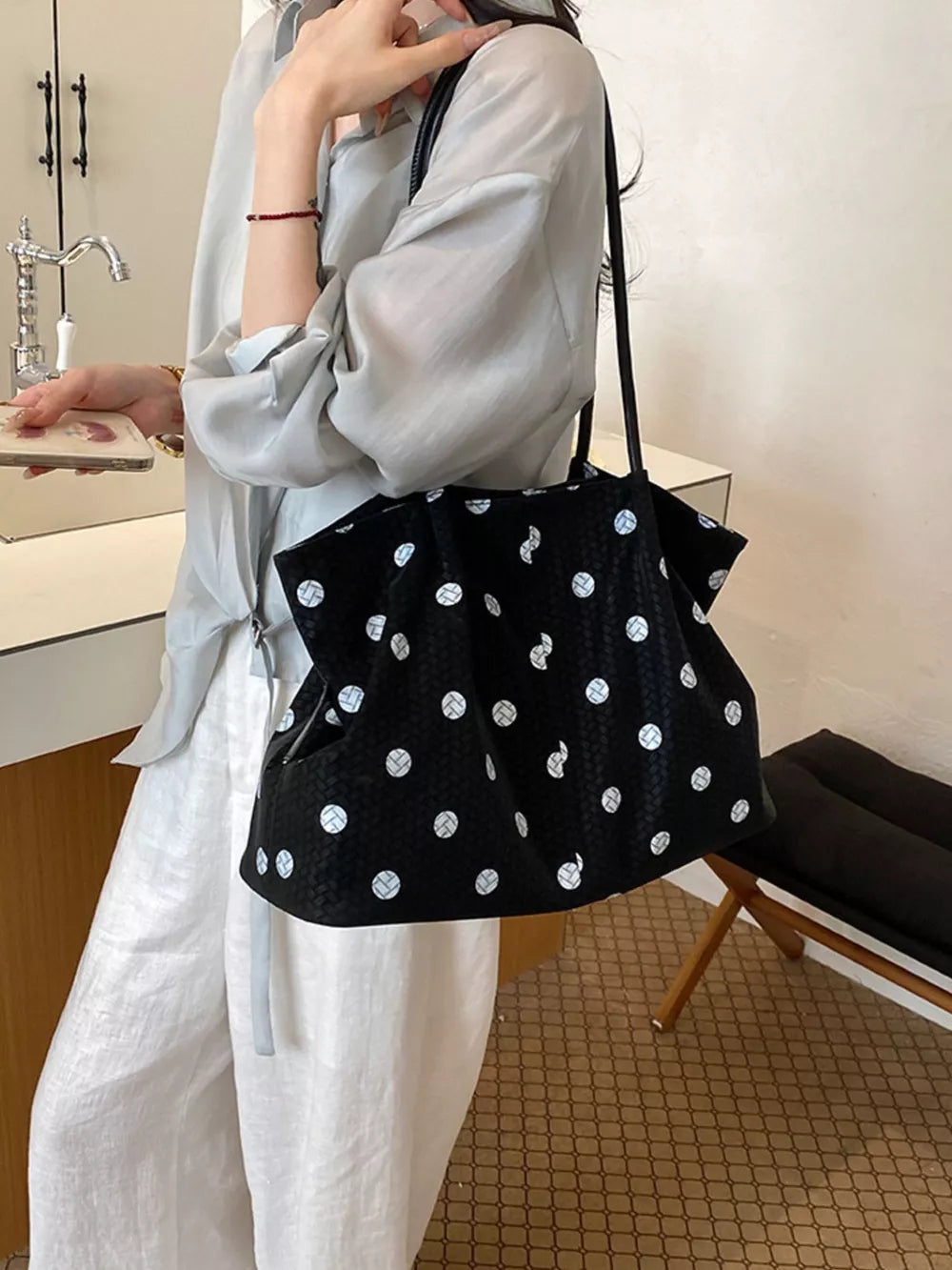 Polka Dot Shoulder Bag in Black, front view
