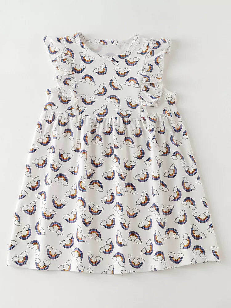 Children's Rainbow Print Ruffle Sleeve Dress, side view