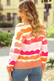 Scalloped stripe off-the-shoulder knit sweater in pink, orange, and white acrylic.