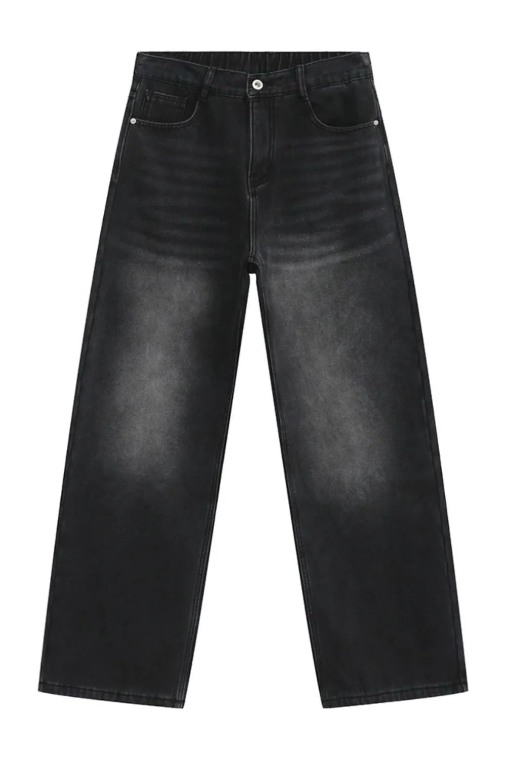 Wide-leg jeans in dark gray denim with a relaxed, baggy fit and faded details.