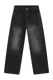 Wide-leg jeans in dark gray denim with a relaxed, baggy fit and faded details.