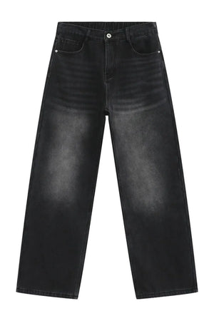 Wide-leg jeans in dark gray denim with a relaxed, baggy fit and faded details.