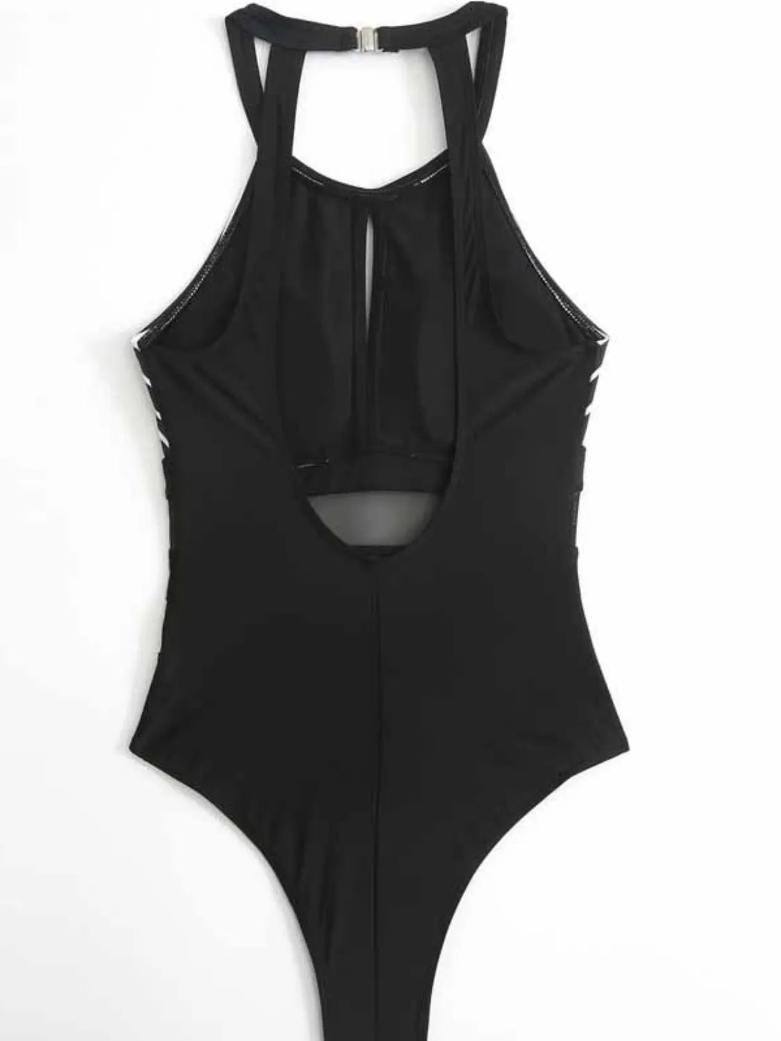 Black mesh halterneck swimsuit with keyhole cutout and stripe detail